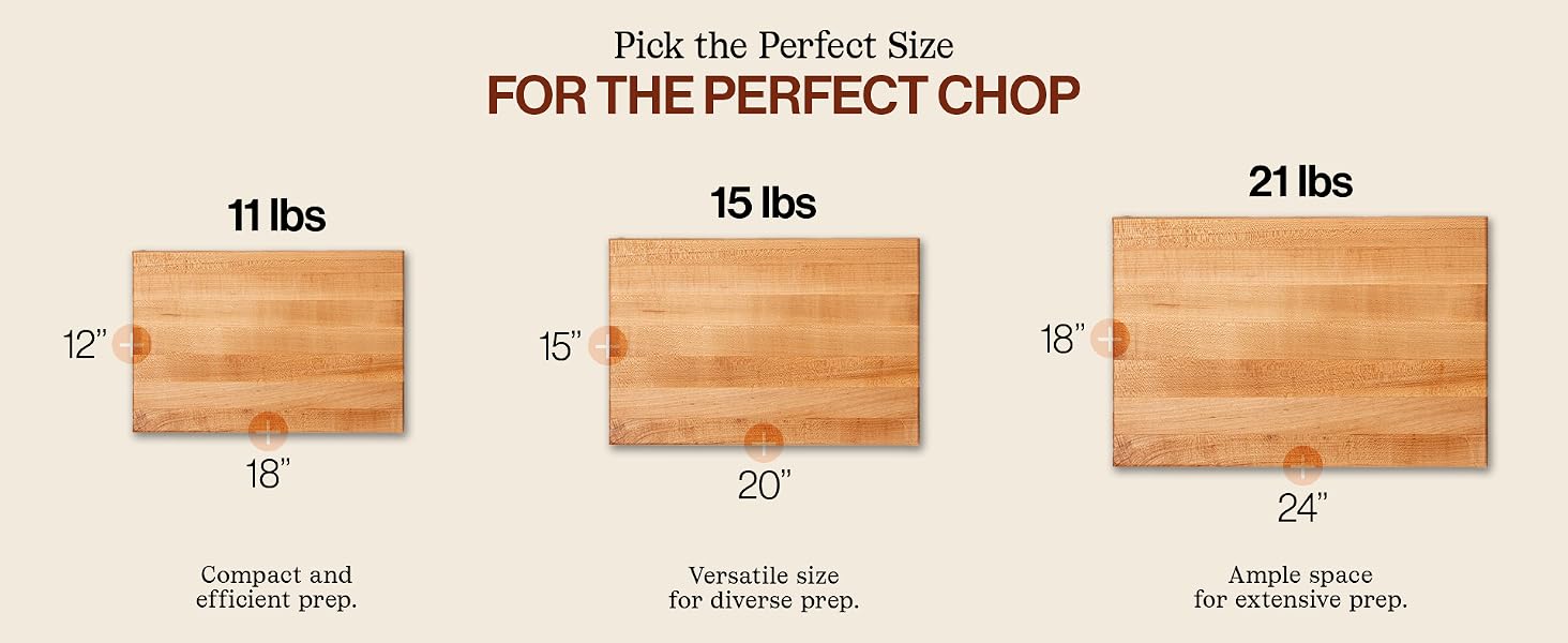 Title reads: Pick the perfect size for the perfect chop. Image of 3 various board sizes.