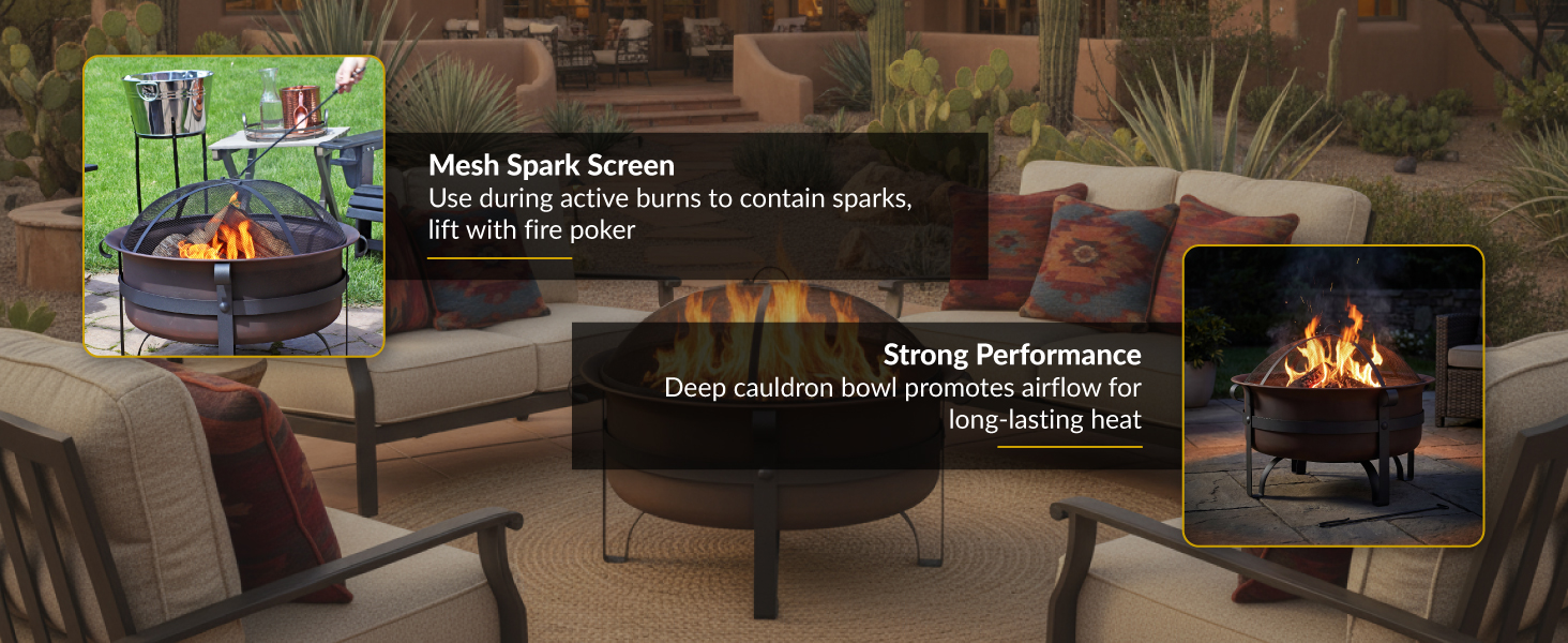 lift mesh spark screen with fire poker deep cauldron bowl promotes airflow for long-lasting heat