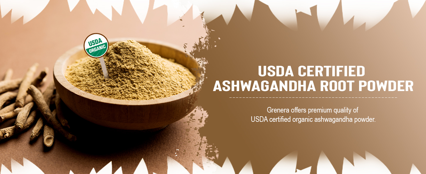 Grenera organic ashwagandha powder in resealable pouch with fine herbal powder