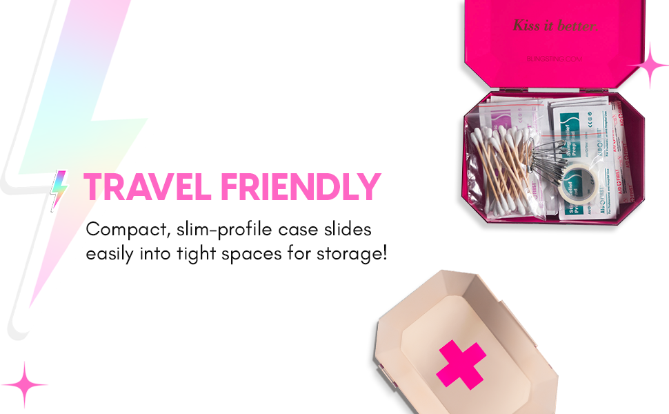 Travel friendly. Compact, slim-profile case slides easily into tight spaces for storage!