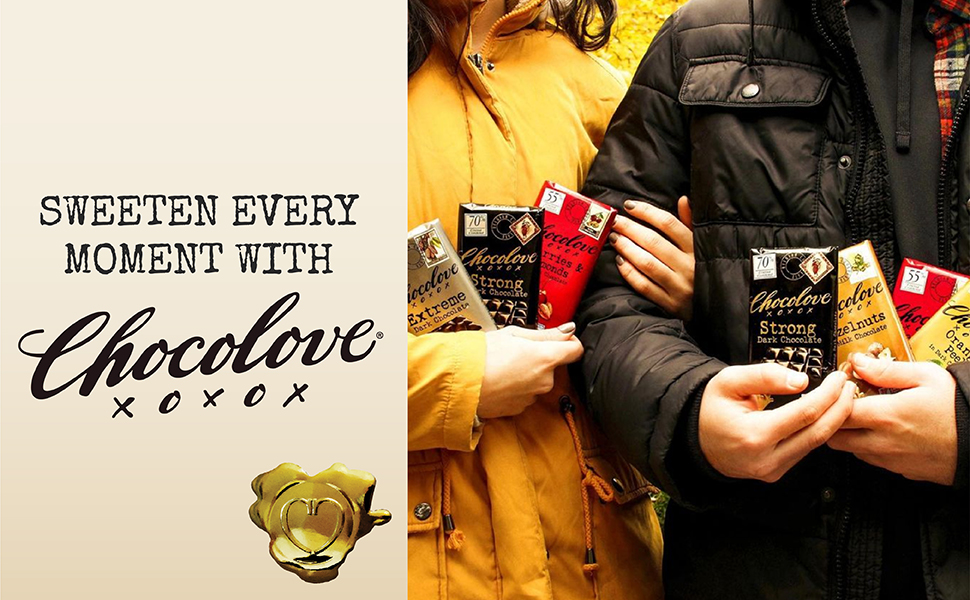 Man and woman interlinking arms holding Chocolove bars