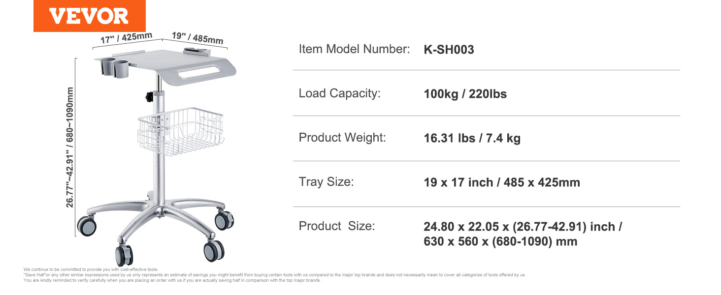 Mobile Trolley Cart Height Adjustable