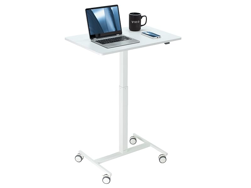 White 24" Pneumatic Mobile Workstation Mobile Desk Sit to Stand Desk Space Efficient Workstation