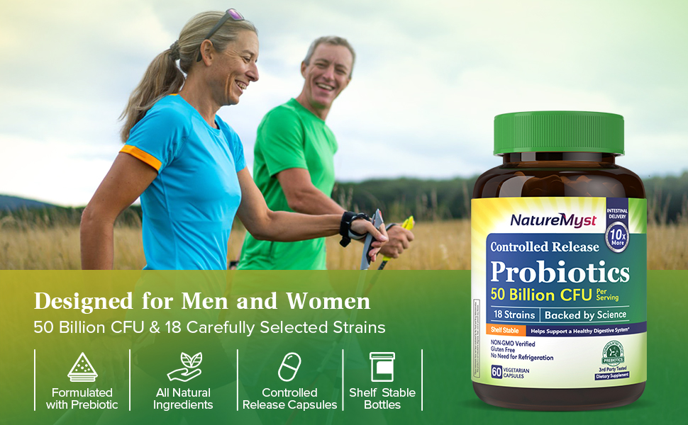 NatureMyst Probiotics 50B Prebiotic 18 Strains Natural Controlled Release Shelf Stable