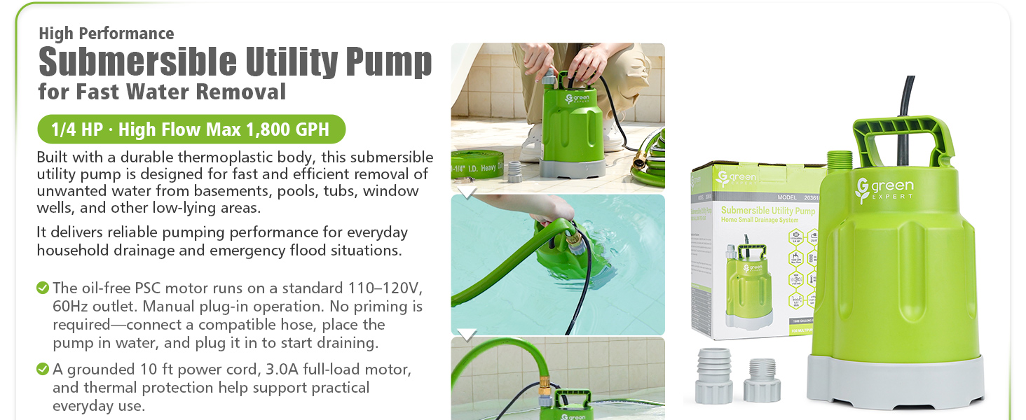 Submersible utility pump for fast home water removal