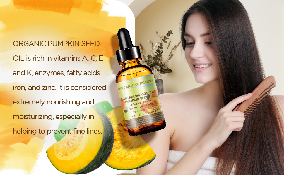 The woman is brushing her hair and taking care of her skin with organic pumpkin seed oil.