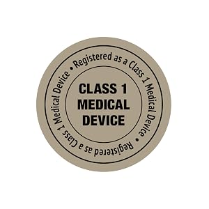 Text reads 'CLASS 1 MEDICAL DEVICE' in circular seal with text 'Registered as a Class 1 Medical Device' around the perimeter on a beige/gray background.
