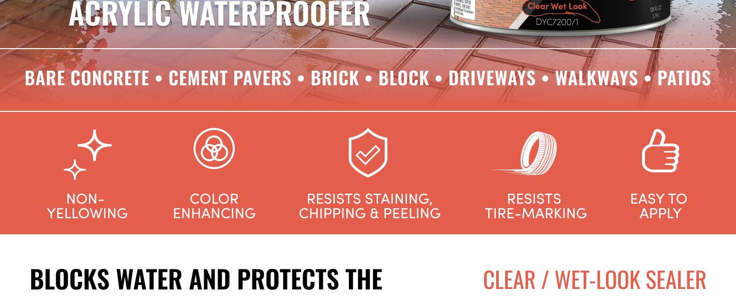 Clear acrylic waterproofer with color enhancement and resistance to surface wear