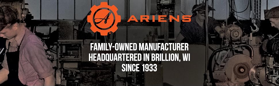 Machine workers in a factory. Text reads: Ariens