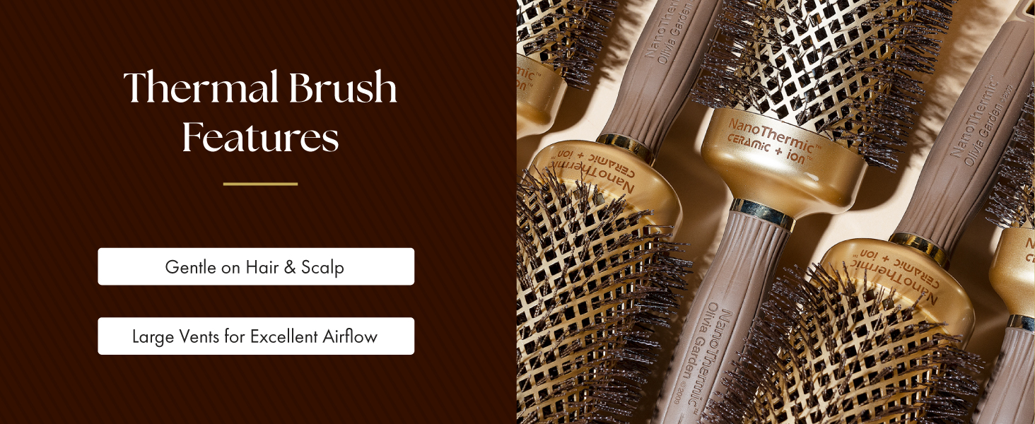 Image of five ion brushes with text reading gentle on hair and scalp.