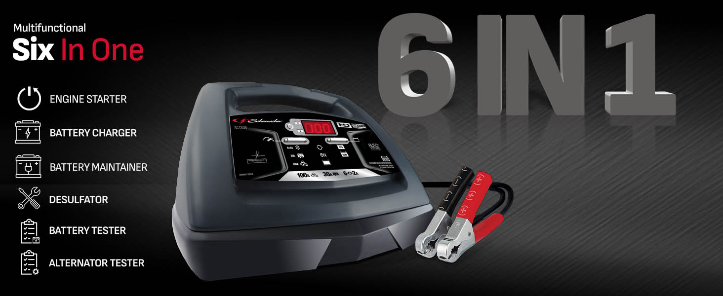 6 in 1 device: Engine starter, battery charger, maintainer, battery/alternator tester, &amp;amp; desulfator.