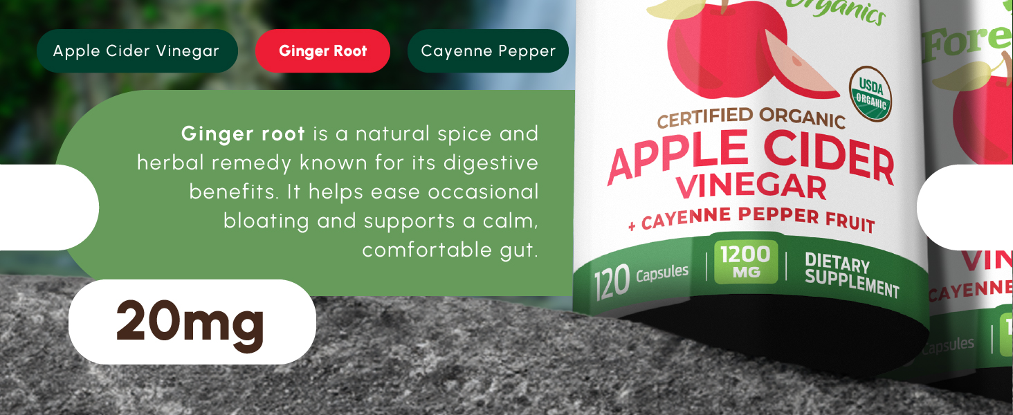 ForestLeaf Organic Apple Cider Vinegar Capsules 1200mg ginger root soothe digestion 20mg cayenne
