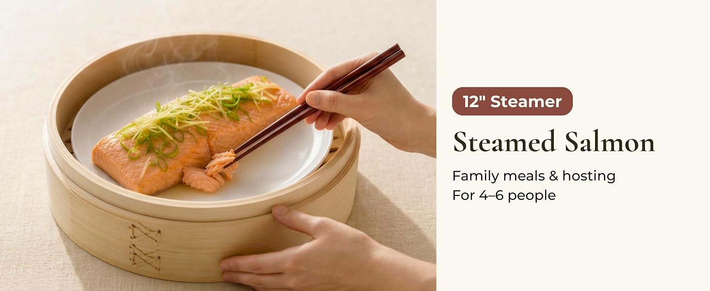 12-inch bamboo steamer with steamed salmon and scallions, serves 4 to 6 people