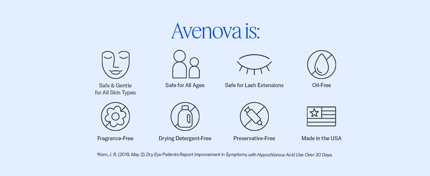 Safe for: All Skin Types, All Ages, Lash Extensions. Avenova is also Oil-Free and Fragrance-Free