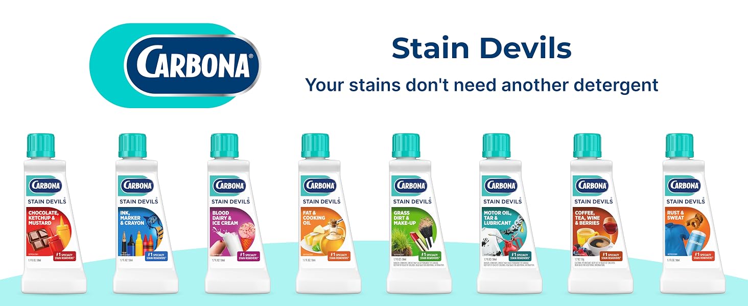Carbona Stain Devils stain removers for treating tough laundry stains on washable fabrics
