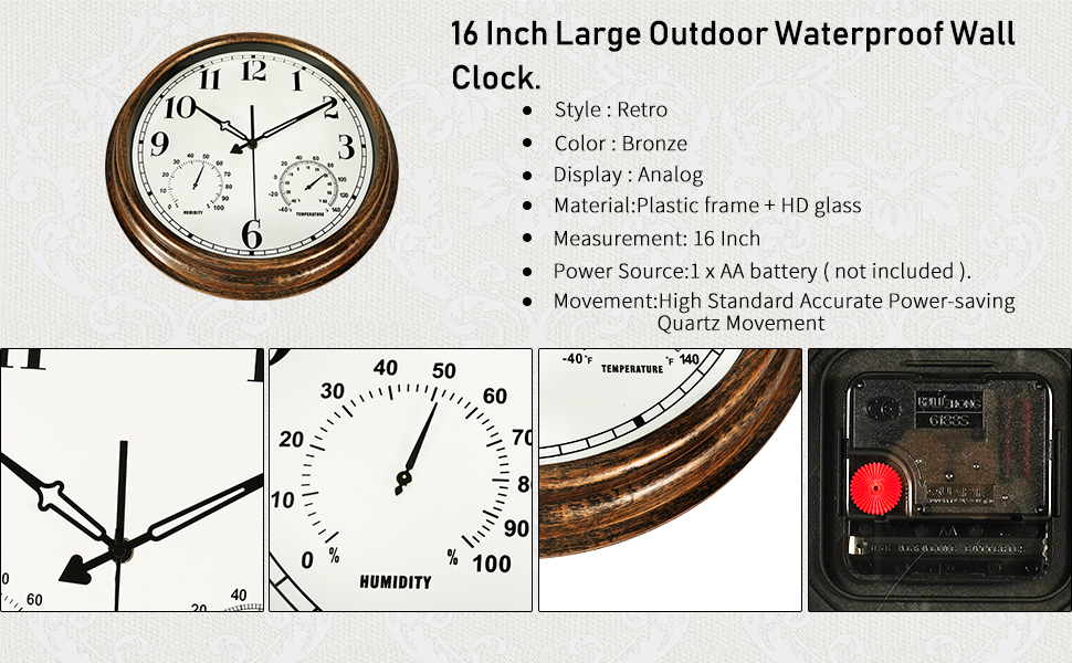 16 Inch Large Outdoor Wall Clock