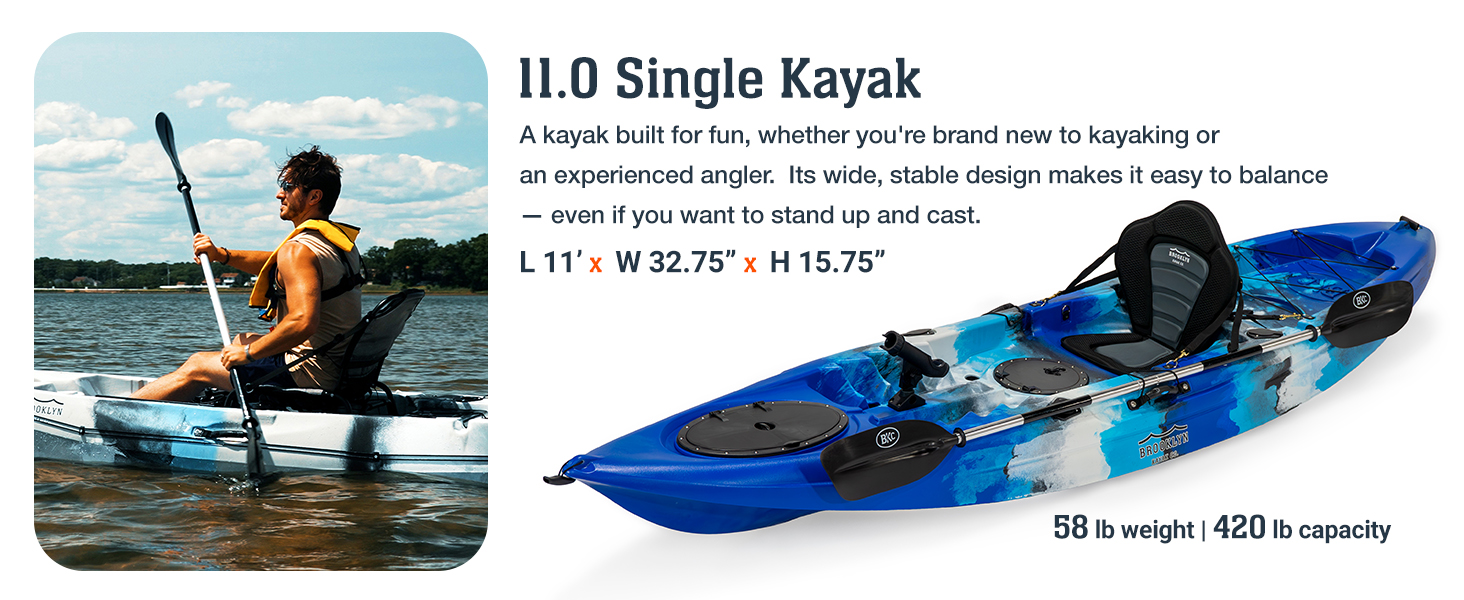11 foot Single Kayak by Brooklyn Kayak company in blue camouflage