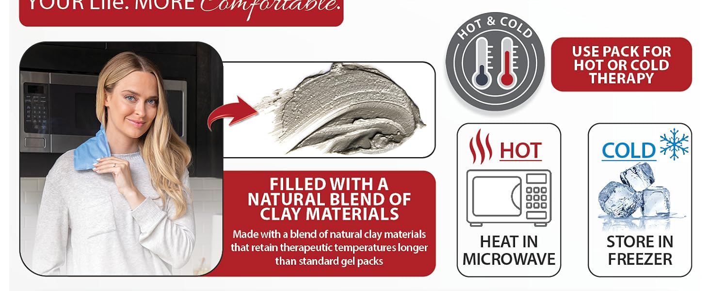 Filled with a natural blend of clay materials that retain therapeutic temperatures longer than stand