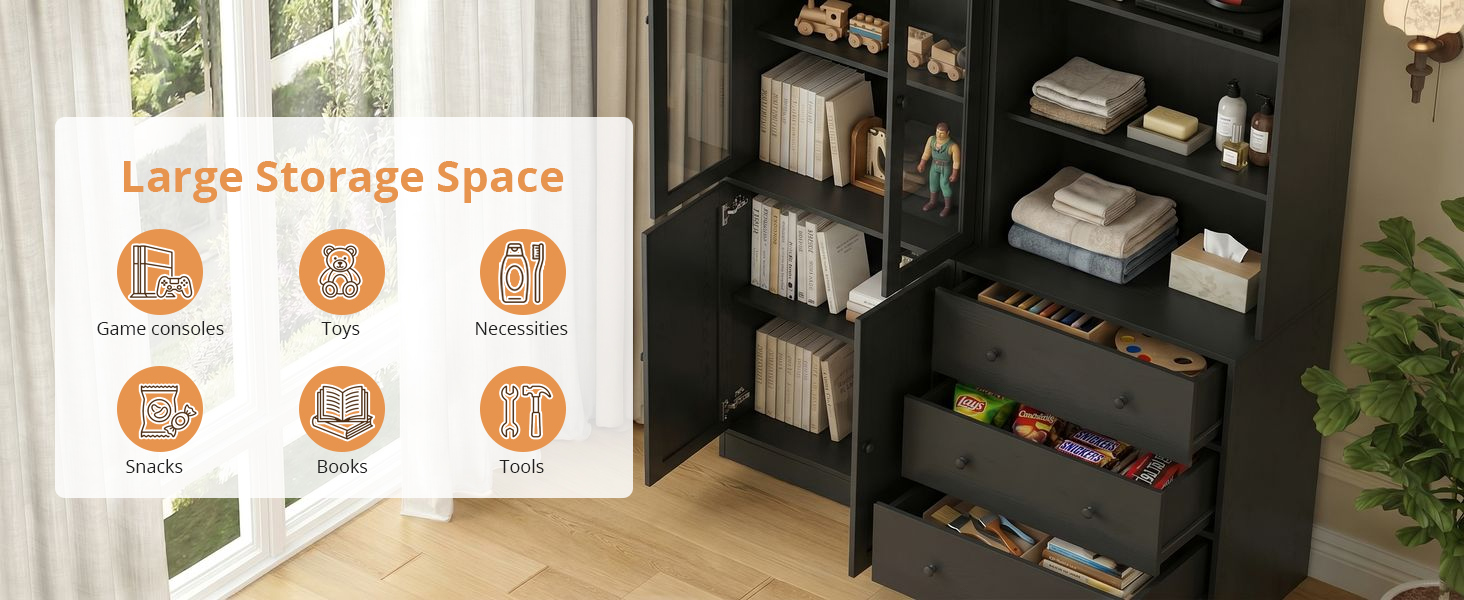 Estantería con espacio de almacenamiento, cajón y puerta de cristal, ideal para salón u oficina