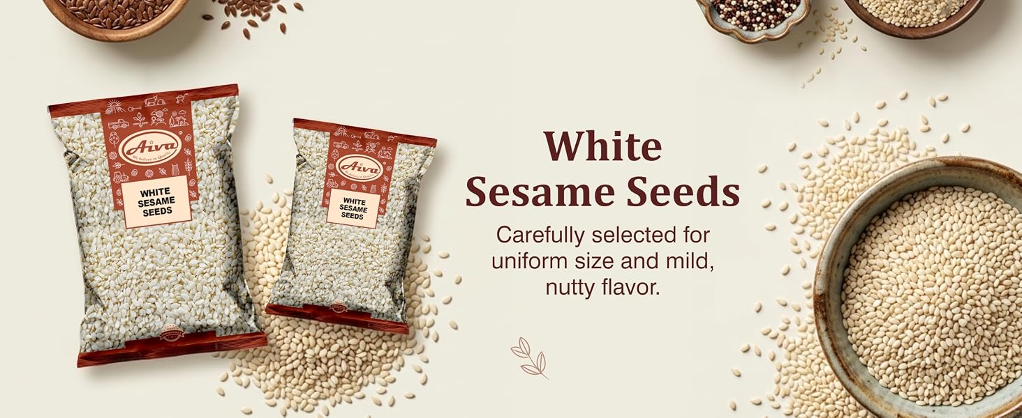 Aiva White Sesame Seeds shown in pouches with loose product in a bowl.