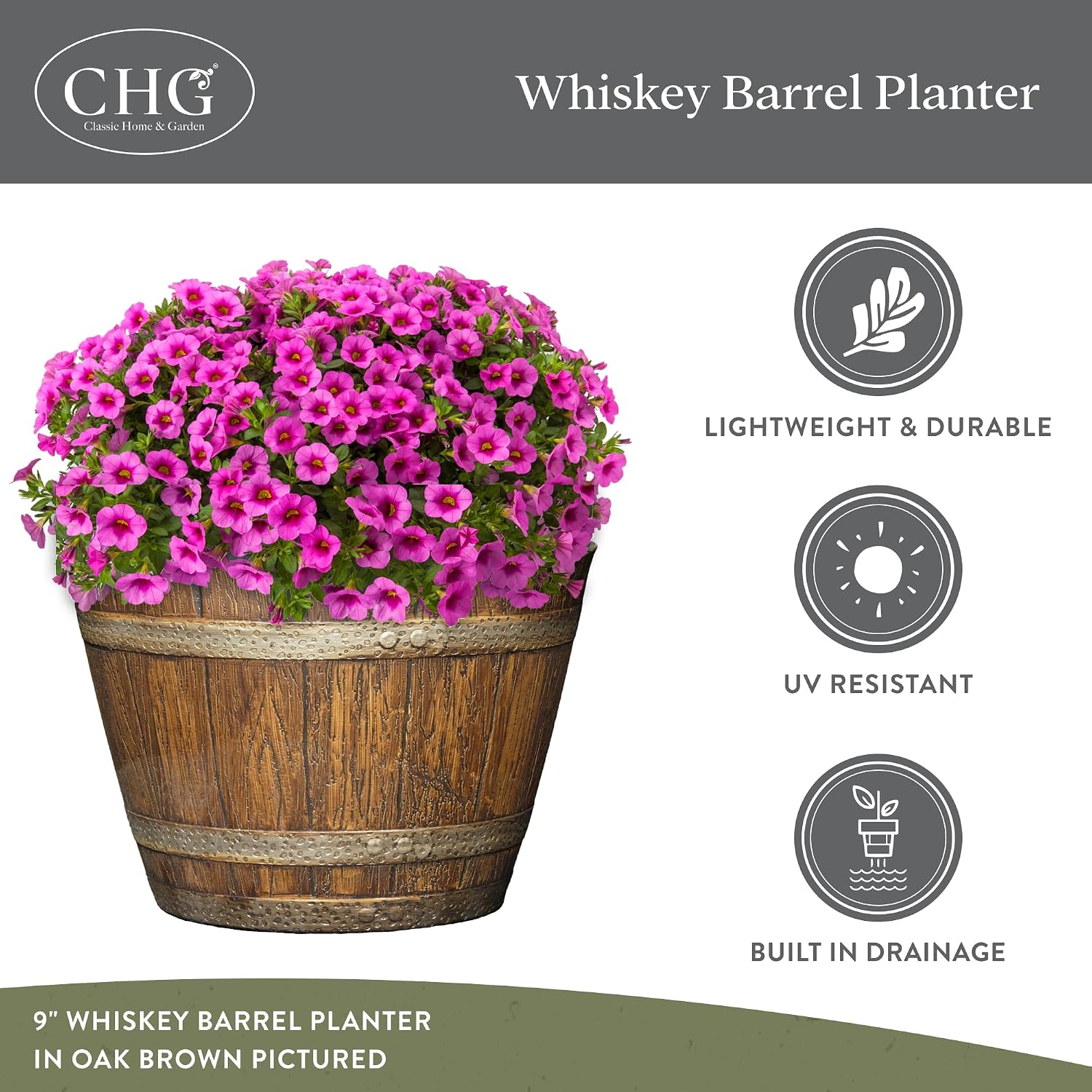 Whiskey Resin Flower Pot Barrel Planter, 15" Oak Brown, Set of 3