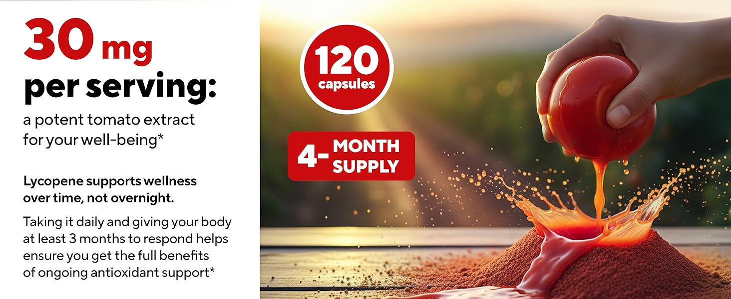 Tomato extract poured onto powder with text 30 mg per serving and 120 capsules