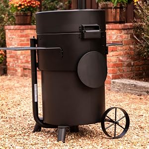 cast;iron;smoker;steel;porcelain;handles;wheel;wheeled;bronco;drum;smoker;smoke;brisket;pork;loin