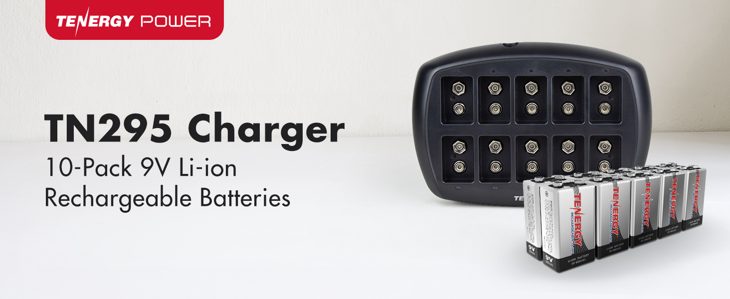 Tenergy TN295 Charger and 10 pack Li-ion 9 Volt batteries