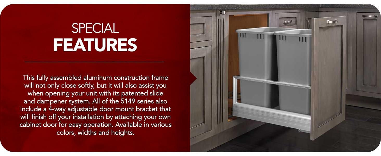 Lifestyle image of Aluminum Bottom Mount Waste Containers. Text reads: Special Features.