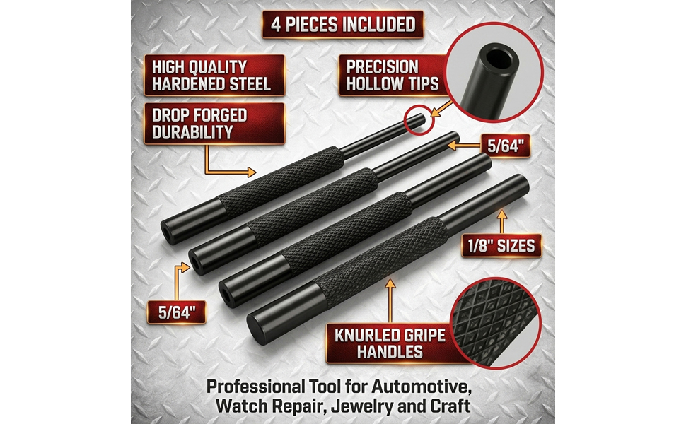 Gotical 4 -Pieces Roll Pin Punch Set and with Free Pivot Pin - Pieces Bolt Catch