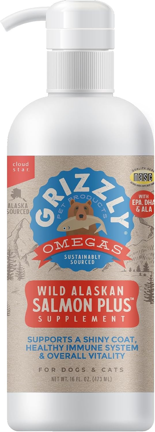 Grizzly Wild Alaskan Salmon Oil Dog Food Supplement Omega 3 Fatty Acids, 16 oz