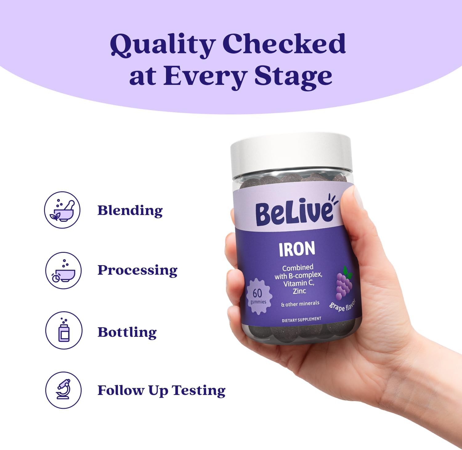 Belive Iron Gummies, Multivitamin Supplement, Blood Oxygen Support, 60 Ct | With Vitamin C, B Complex, Folate, and Zinc for Women, Men & Kids for Growth and Development, Grape Flavor