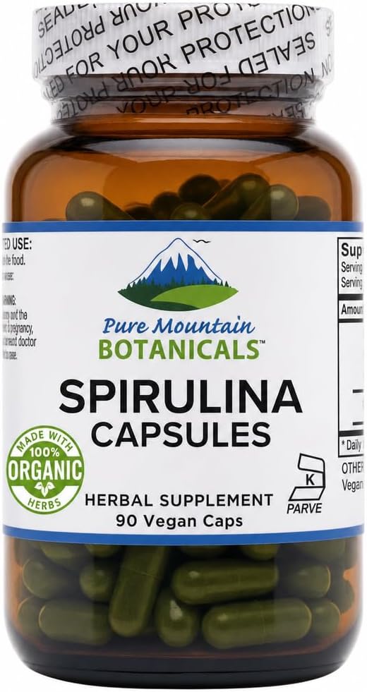 Pure Mountain Botanicals Spirulina Capsules 90 Count - 450mg Organic Spirulina - Kosher Vegan Non-GMO - Superfood Supplement - Espirulina
