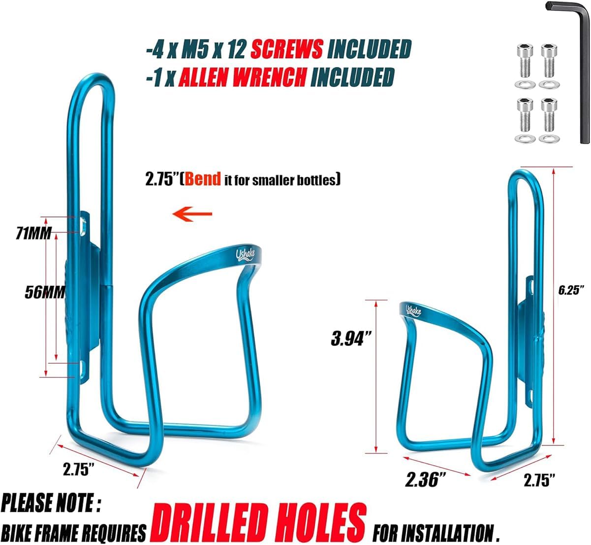 USHAKE Water Bottle Cages, Basic MTB Bike Bicycle Alloy Aluminum Lightweight Water Bottle Holder Cages Brackets(2 Pack- Drilled Holes Required)