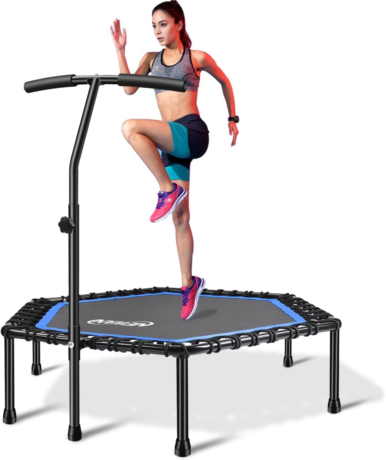 Newan 48'' Fitness Trampoline with Adjustable Handle Bar, Silent Trampoline Bungee Rebounder Jumping Cardio Trainer Workout for Adults - Max Limit 330 lbs