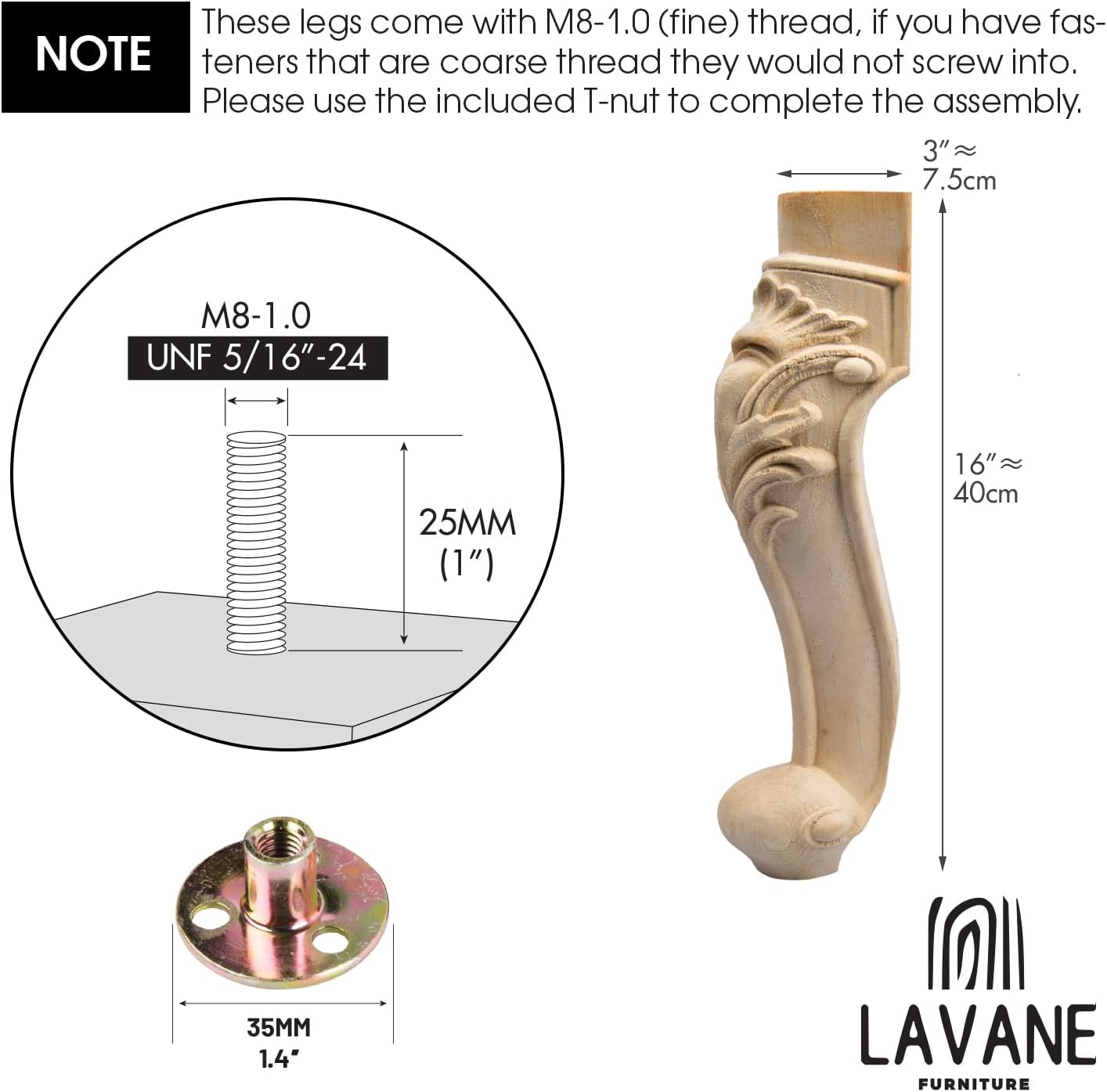 La Vane 6 inch / 15cm Wooden Furniture Legs, Set of 4 European Style Solid Wood Carving Furniture Replacement Feet Decoration for Sofa Cabinet Wardrobe Table Loveseat