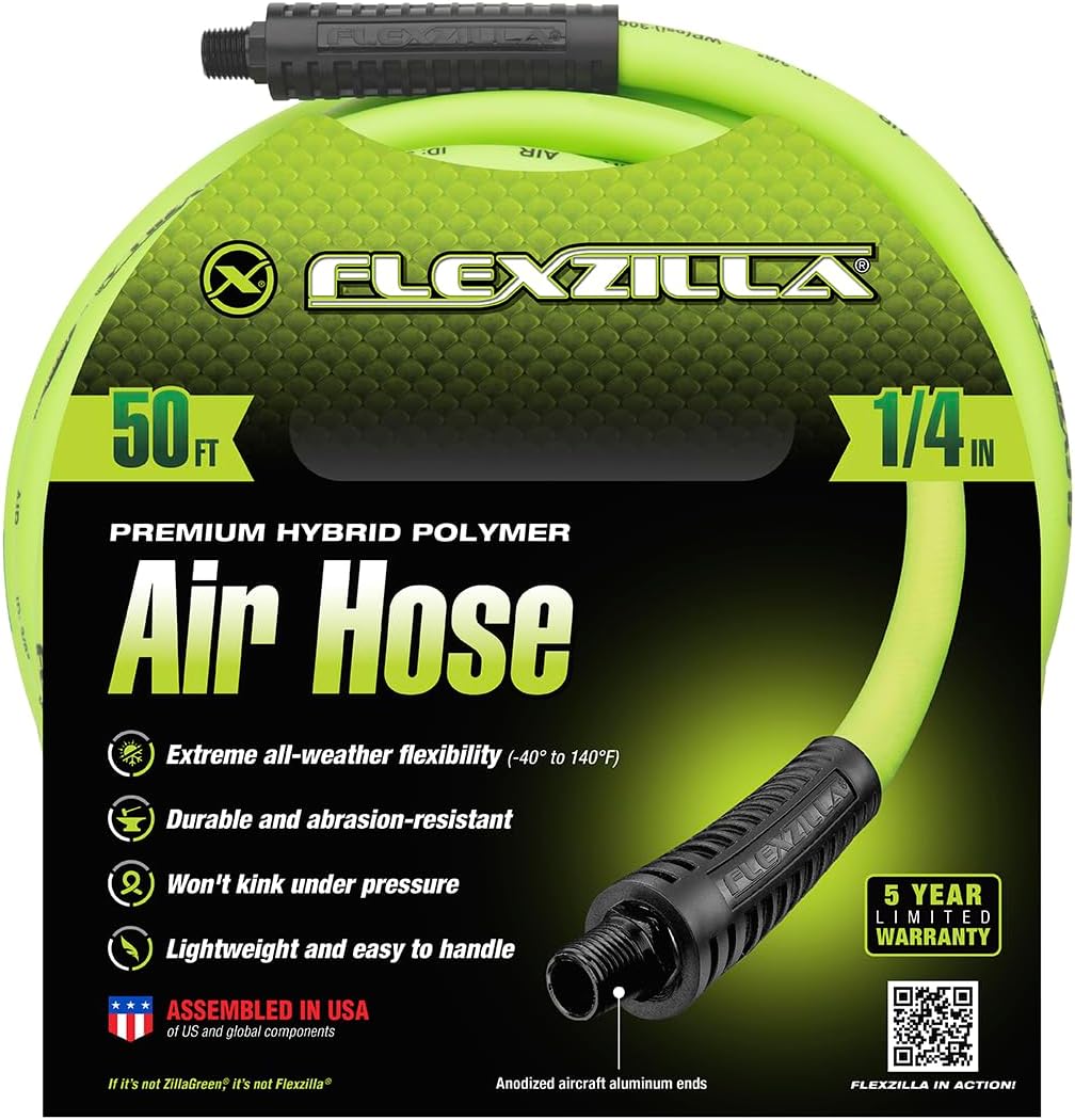 Flexzilla Air Compressor Hose, 3/8 in. x 50 ft., 1/4 in. MNPT Fittings, No-Kink, All Weather, Lightweight, Premium Hybrid Polymer, 300 PSI, ZillaGreen