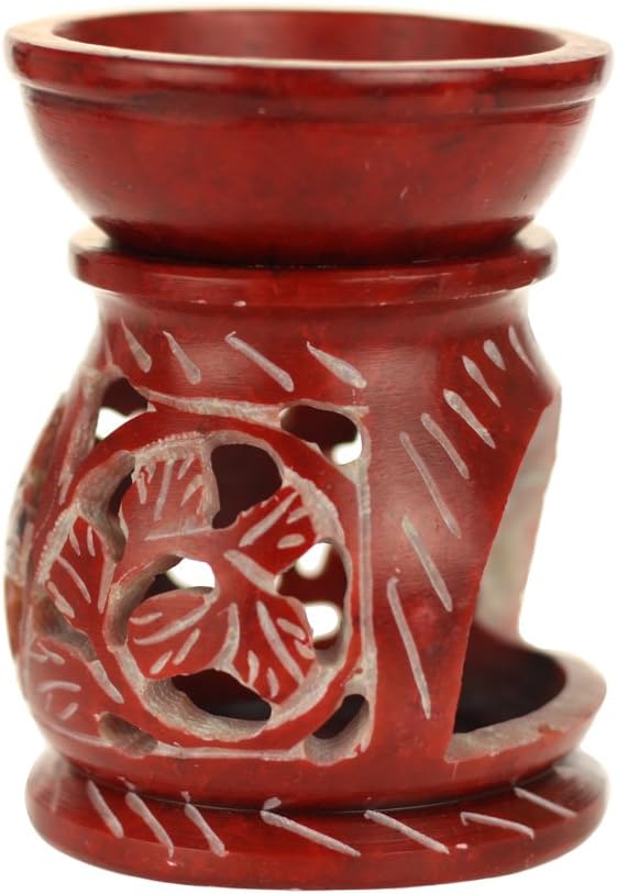 Oil Diffuser - Red Soapstone Oil Burner Round Leaves 3.25"
