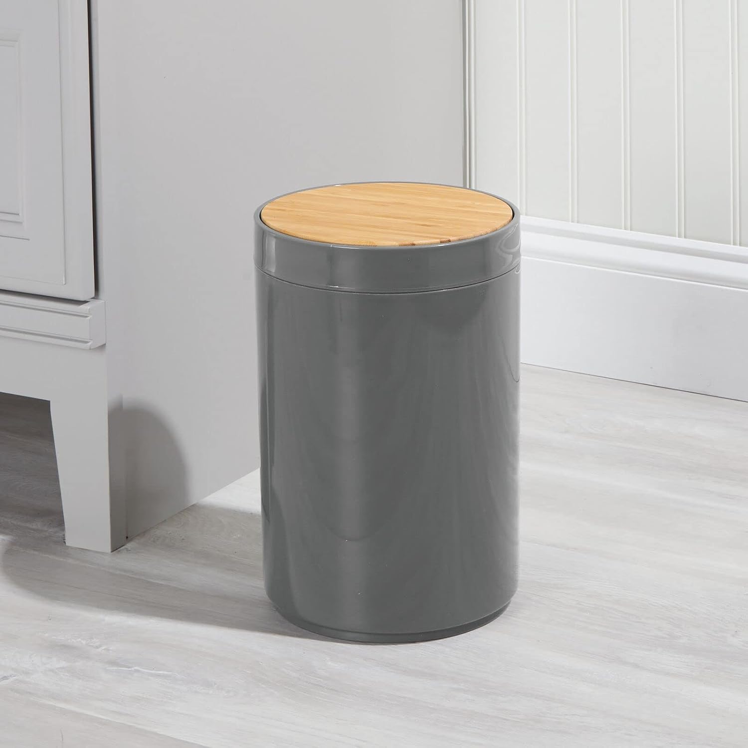 mDesign Plastic Round Trash Can Small Wastebasket - Garbage Bin Container with Swing-Close Lid - Bathroom Garbage Basket - Holds Waste, Recycling - 1.3 Gallon - Basa Collection - Cream/Beige/Natural