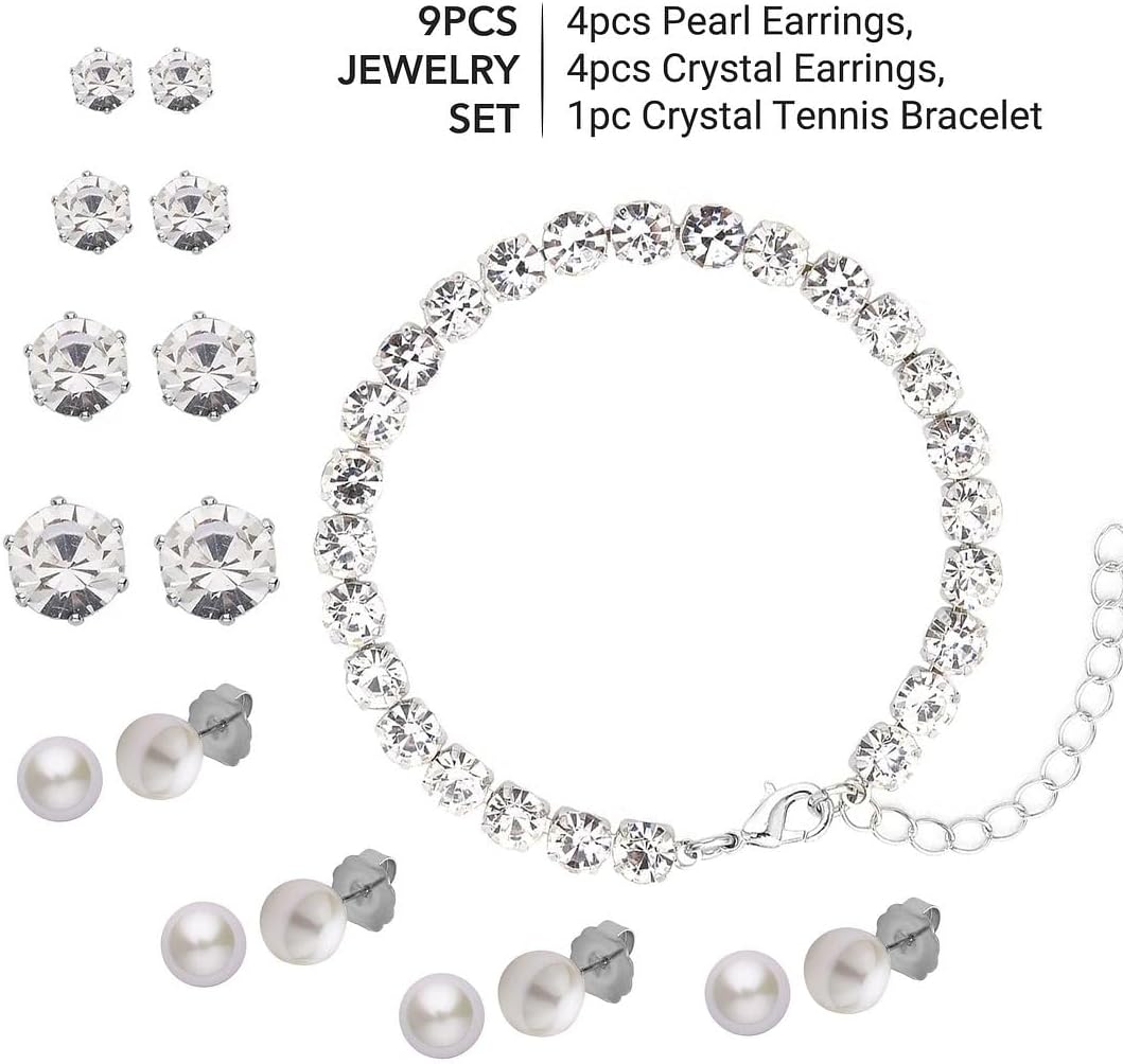 9pcs Set Shell Pearl Crystal Mix Steel Stud Earrings Bracelet Set