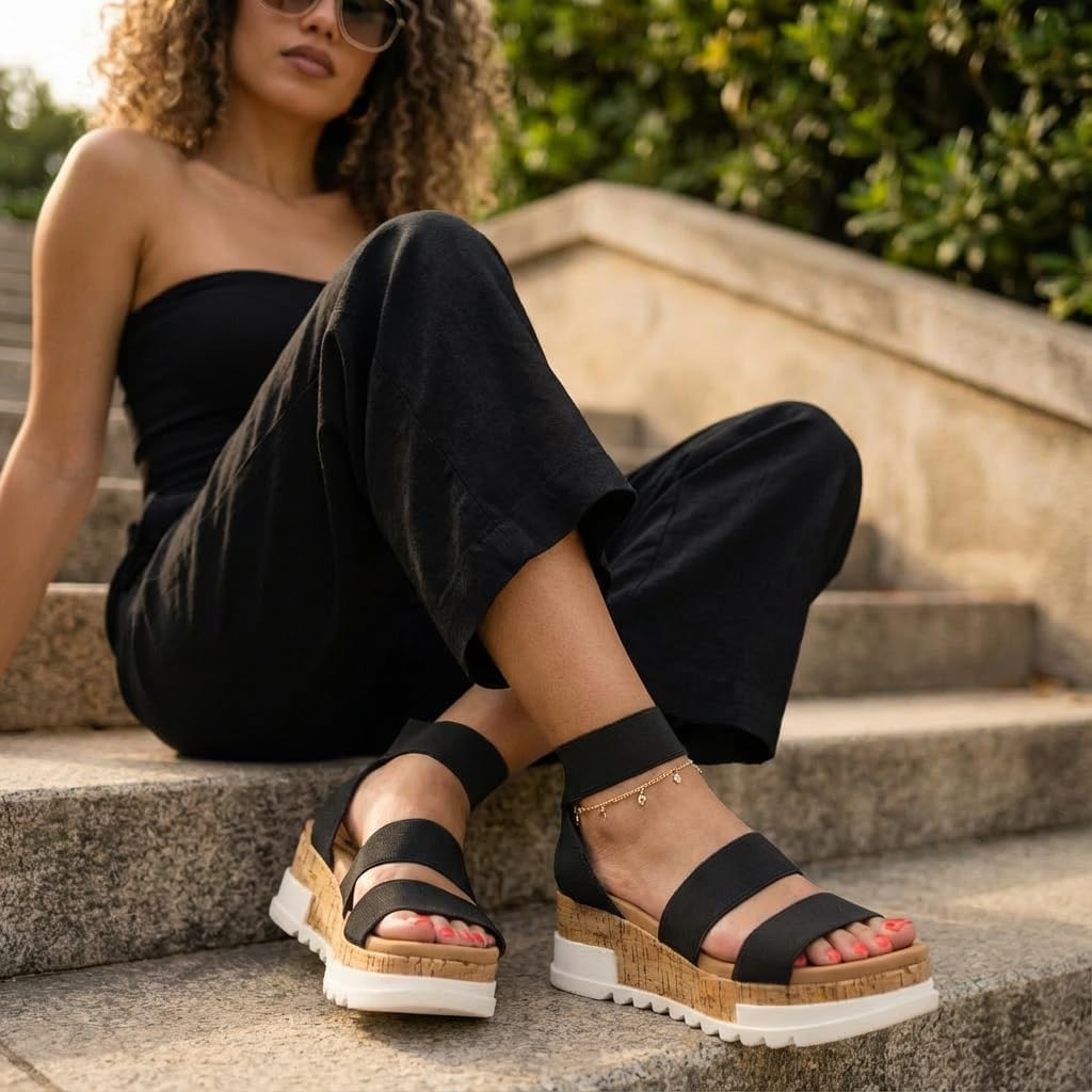 CUSHIONAIRE Naomi Cork Wedge Sandals for Women – Soft Stretch Straps Comfortable Platform Sandals for Women with Memory Foam Insole