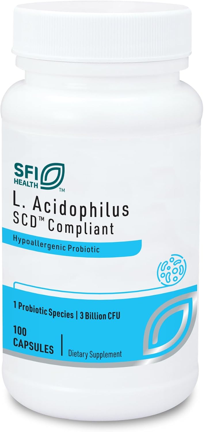 Klaire Labs SFI Health L. Acidophilus, 100 Capsules | 3 Billion CFU Lactobacillus Probiotic, Pure SCD Compliant Formula for Men & Women, Hypoallergenic & Non-Dairy