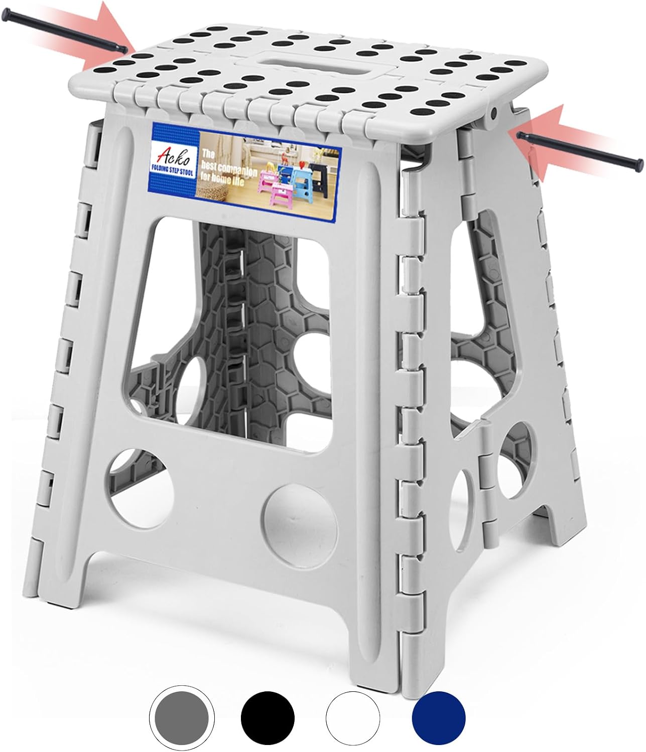 ACKO 13 Inch Folding Step Stool, Holds 300 lb for Adults and Kids, Black | Collapsible Heavy Duty Foldable Stools, Portable Non-Slip Foot Stepping stool, Kitchen Bathroom Bedroom Outdoor with Handle