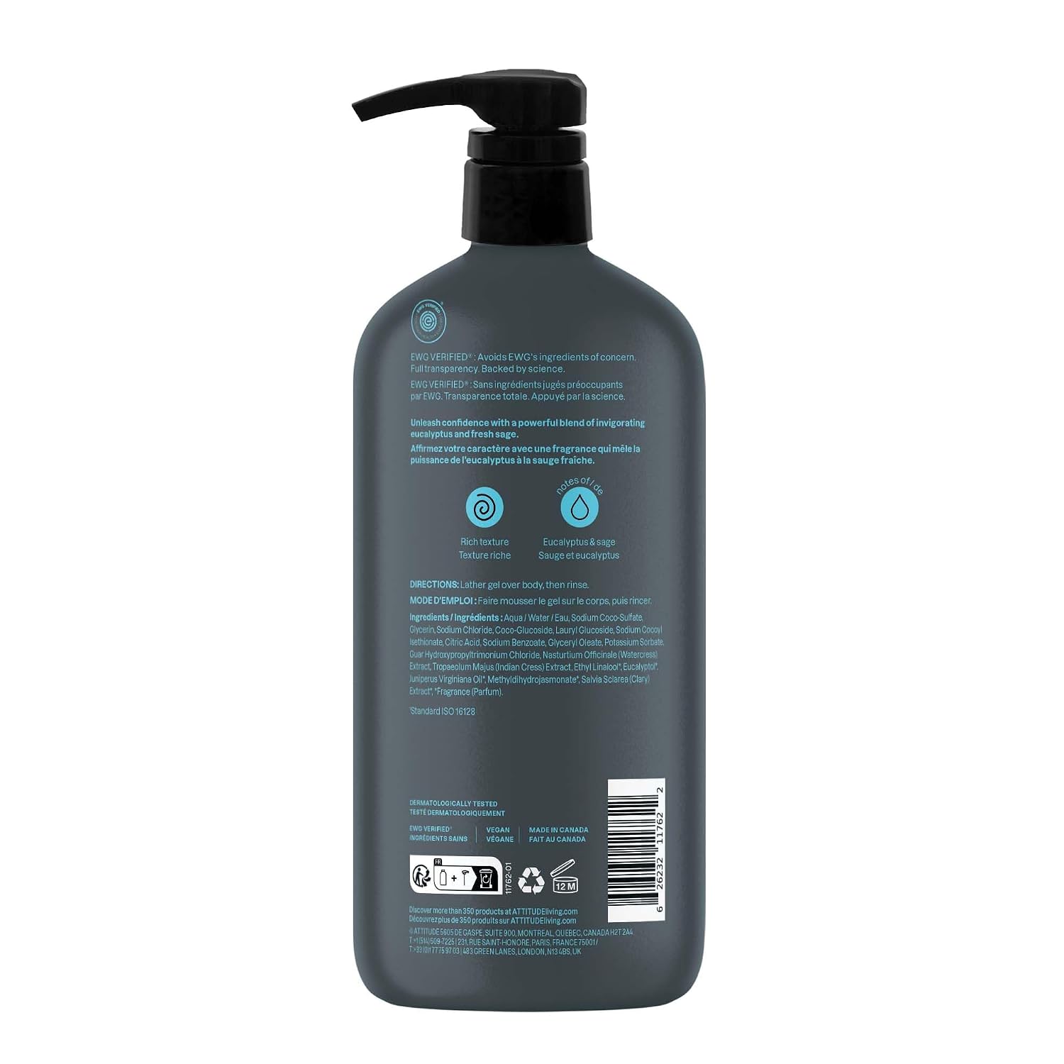 ATTITUDE Body Wash, EWG Verified Shower Gel, Dermatologically Tested, Plant and Mineral-Based, Vegan Personal Care Products, Earl Grey & Fresh Cucumber, 16 Fl Oz