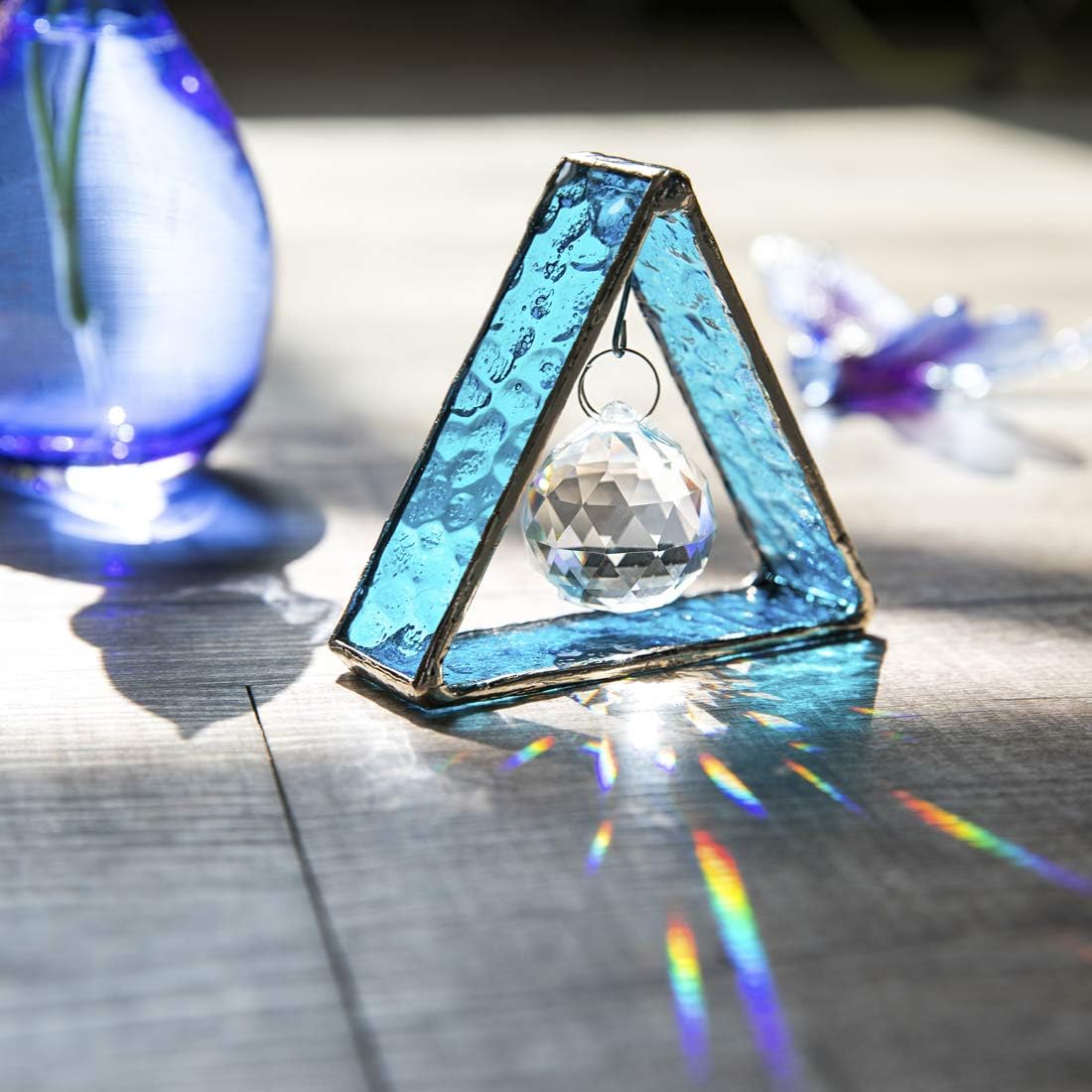 Green Stained Glass Pyramid Suncatcher Window Hanging Prism Decor