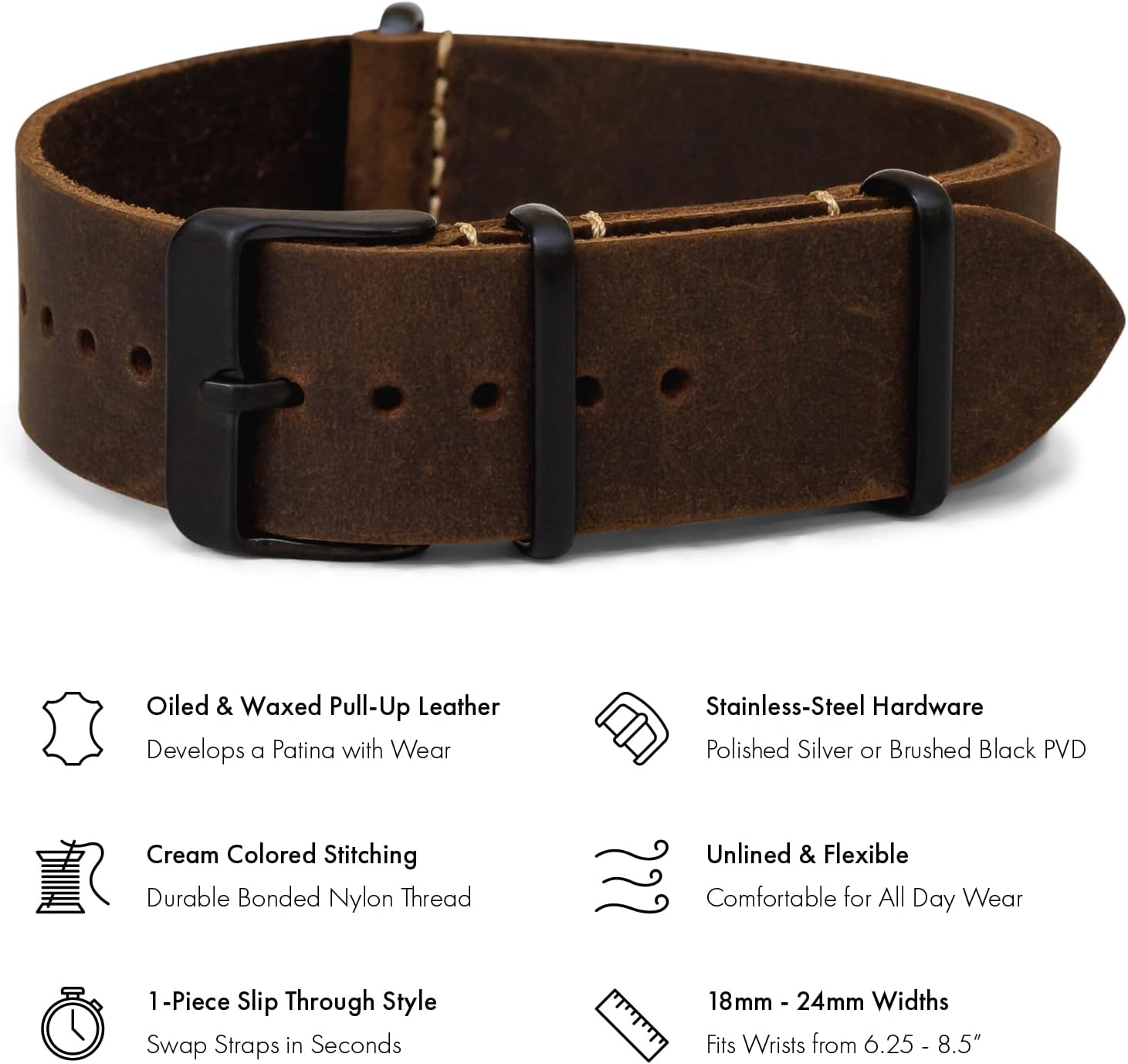 Benchmark Leather Watch Band - Crazy Horse Oiled Leather One-Piece Watch Straps for Men or Women - 18mm, 20mm, 22mm or 24mm Widths
