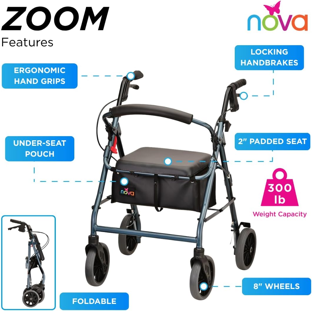 NOVA Zoom 22 Rollator Walker for Seniors, Rolling Walker with Locking Hand Brakes, Padded Seat & 8" Wheels, Lock N Load for Easy Transport & Storage, Adjustable Height 5'5"–6'1", Red