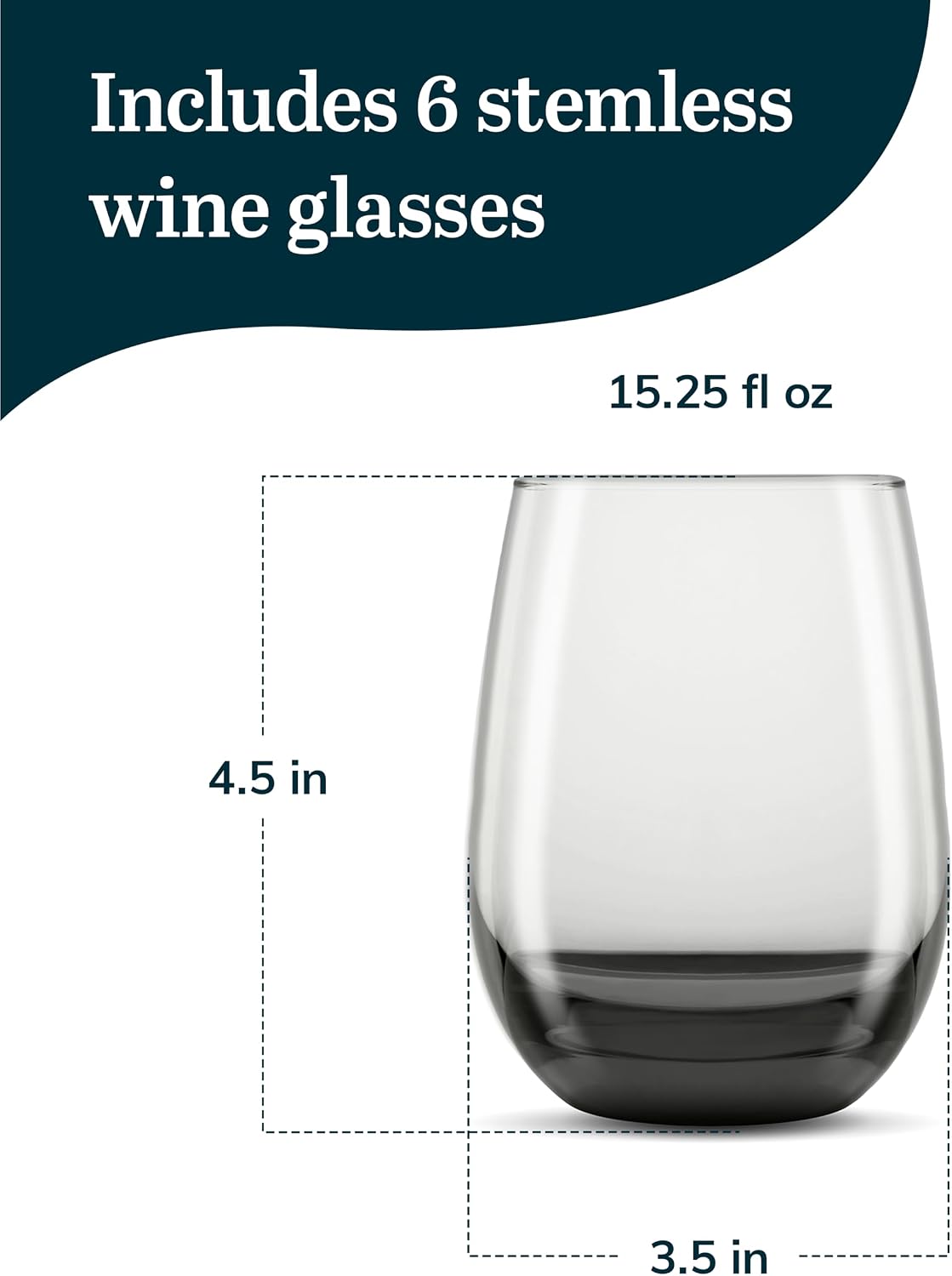 Libbey Classic Blue All-Purpose Stemless Wine Glasses Set 6, Timeless Wine Cups Set of 6, 15.25 Oz, Wine Glass Set for Dinners, Weeknights