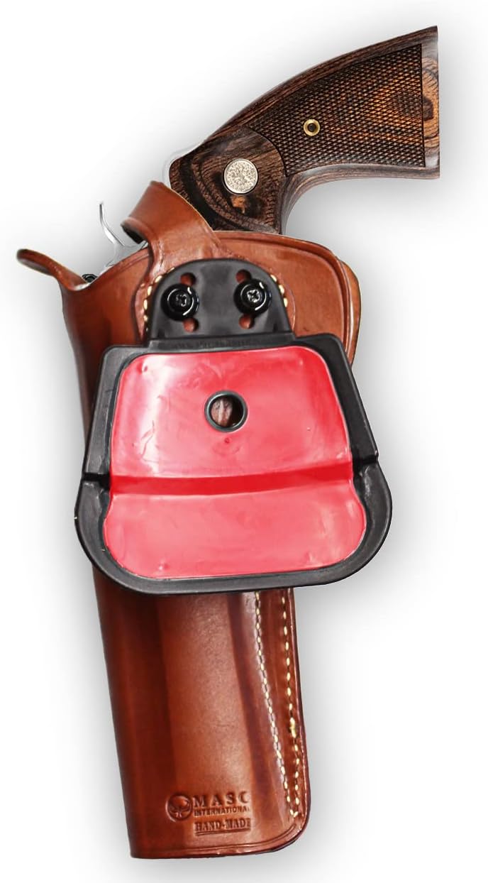 Masc OWB Leather Paddle Revolver Holster with Retention Strap, Fits Python .357 Magnum 6-inch, Right Hand Draw Brown Color #1306#