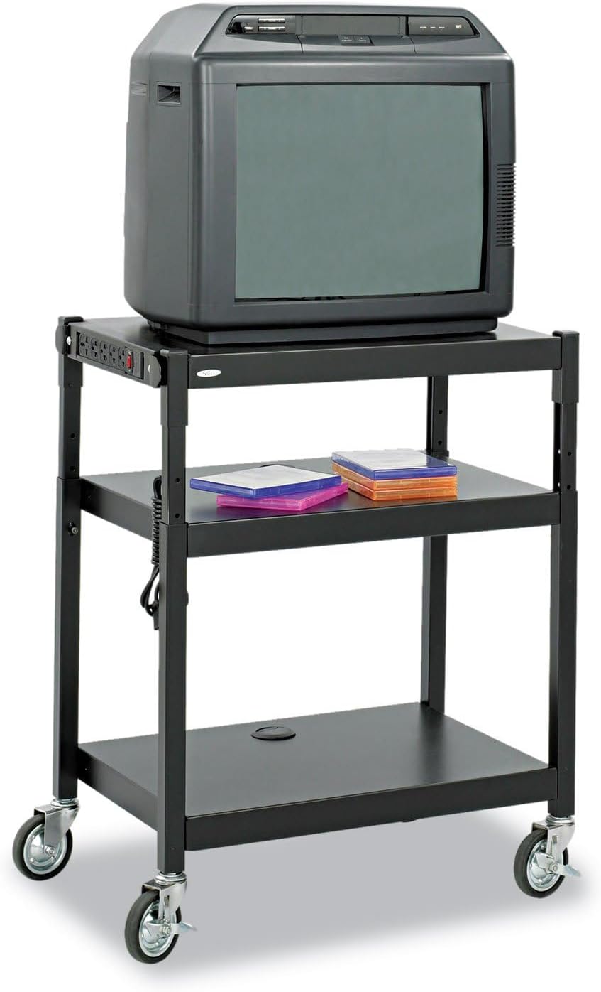 Pemberly Row Black Steel Mobile Media Cart, Adjustable Height 28-36 in, 3 Shelves 24 x 18 in, Powder Coated Finish, Swivel Casters with 2 Locking